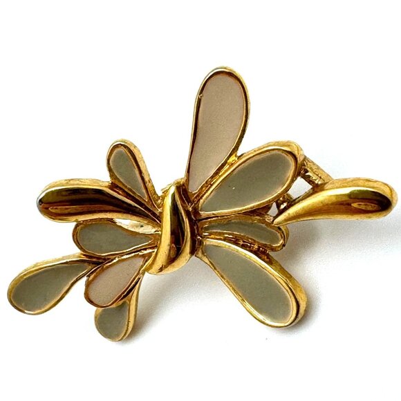 Trifari Gold-Tone Necklace Clip-On Earrings Vtg Cream Grey Green Enamel Leaf - Picture 10 of 12